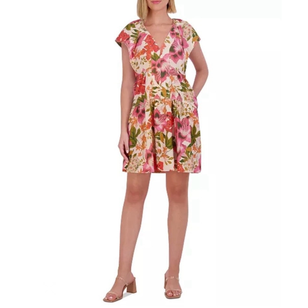 VINCE CAMUTO Cap Sleeve V Neck Linen Dress